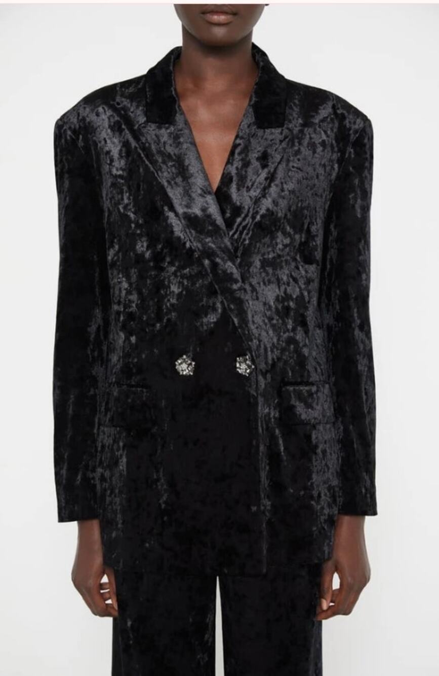 NWT Zara Black Velvet Double Breasted Blazer Jacket Rhinestone Buttons Women XS